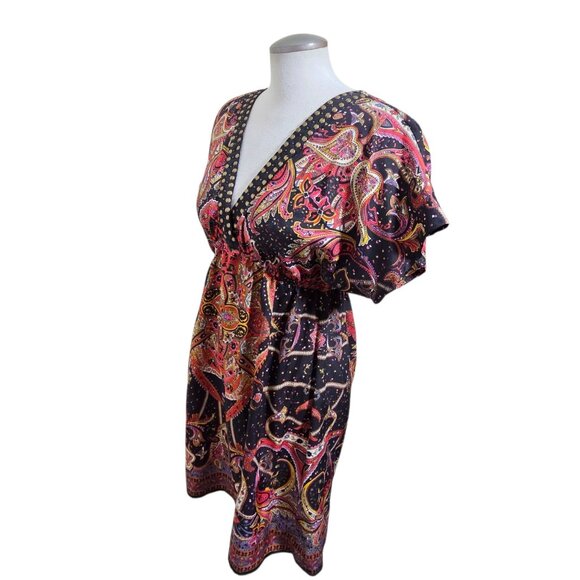 ANGIE Womens L Babydoll Tunic Top Paisley Studs Boho Peasant Flowy V Neck Artsy - Picture 5 of 8